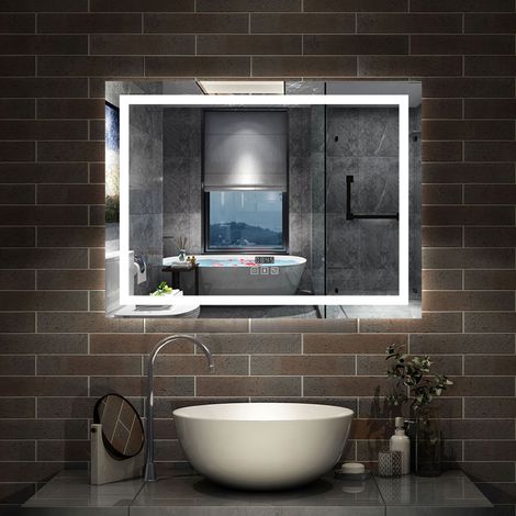 AICA Miroir de salle de bain Lumineux Bluetooth 100x60 cm, 3 Colours et Horloge et Dimmable et Anti-Buée (1/5)