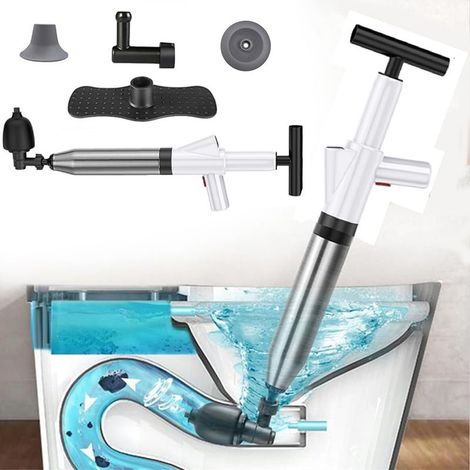 Déboucheur de toilettes haute pression 5 en 1 avec piston à air comprimé en spirale pour déboucher les éviers, les baignoires et les canalisations. (1/5)