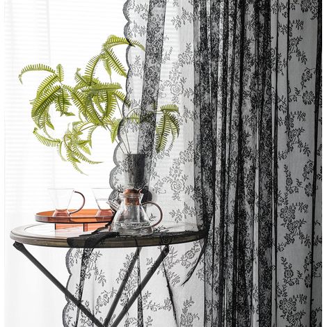 JSSEVN - Black Lace Curtains 2 Panel Set, Sheer Chic Gothic Retro Floral Vintage Voile Window Treatment Pair for Bedroom/Living Room Decor W100 x L200 (1/5)
