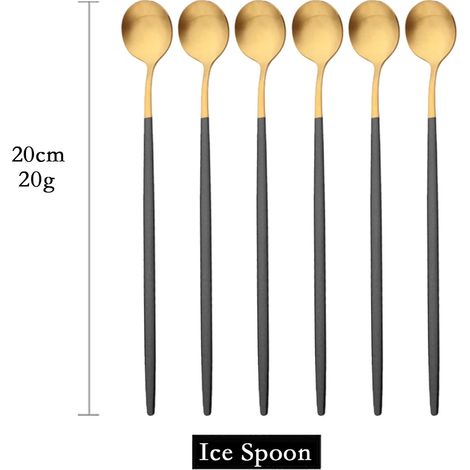 (Noir et or, 6 pièces) Cuillères à long manche mates pour remuer les boissons, couverts en acier inoxydable