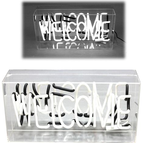 Letrero Neón WELCOME Auténtico Blanco en caja Metacrilato Espejo para Decoración de Fiestas y Mesa 38x11cm - SpazioLuzio