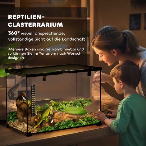 Terrarium en verre noir pour reptiles, amphibiens, arachnides, escargots, insectes et tortues, avec thermomètre, 50 x 30 x 35 cm