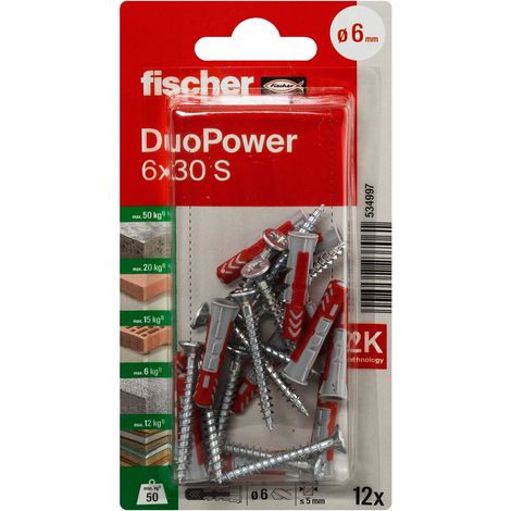 Fiches FISCHER DuoPower avec vis Ø6x30mm - Blister 12 unités 534997