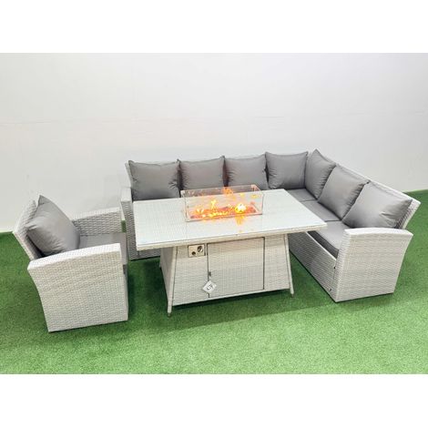 Fimous 7 Seat Rattan Garden Furniture Corner Sofa Set Outdoor Gas Fire Pit Table Set with Armchair Light Grey (1/4)