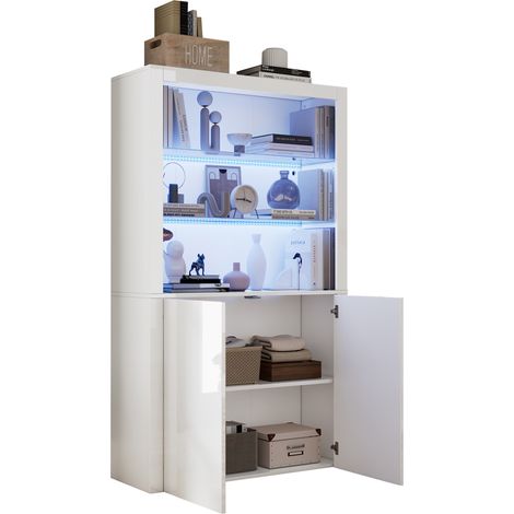 Vitrine LED haute 100 x 35 x 170 cm blanche laquée avec verre trempé, rangement double porte, éclairage 16 couleurs, MDF, CHICFURN (1/5)