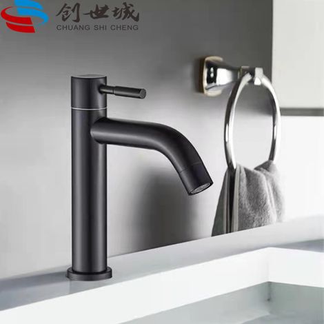 Cross-border trade single cold water faucet, 304 stainless steel, tall basin faucet, bathroom countertop washbasin faucet - black, curved spout, low style [copper core, copper rod]