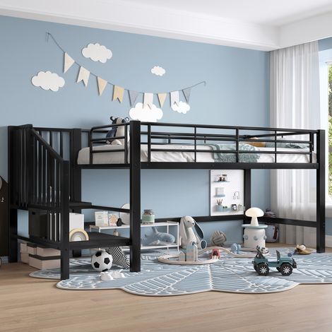 DESVIAE Lit mezzanine enfant 90 x 200 avec escalier de rangement et sommier à lattes noir métal et MDF (1/5)