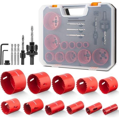 Scie Cloche Bi-métal, 19 PCS Coffret de Scie Trépan avec 11 Lames de Scie 19-68mm, Lot de Scies Cloches pour Aluminium, Bois, Panneaux PVC, Plastiques et Le Métal (1/5)