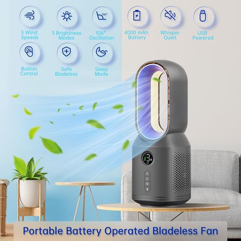 Ventilateur de bureau portable sans pales, 33 cm (13 pouces), petit et silencieux, oscillation à 106°, affichage LED, 3 vitesses de ventilation et 3 modes d'éclairage. (1/5)