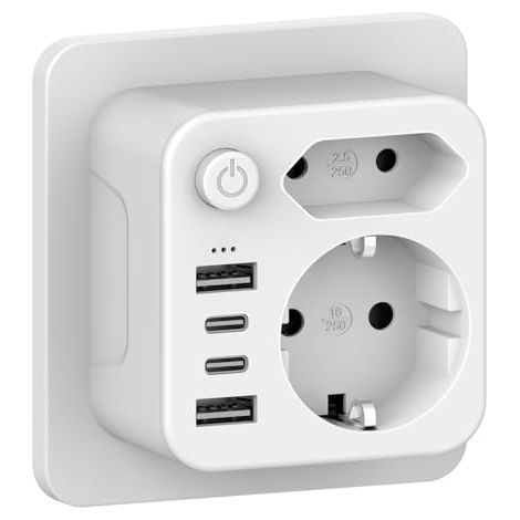 Adaptateur De Prise USB - 1 Prise Schuko + 1 Prise Euro + 2 USB-C + 2 USB-A - 6000 W Max - 16 A - Blanc - 1 Pièce (1/5)