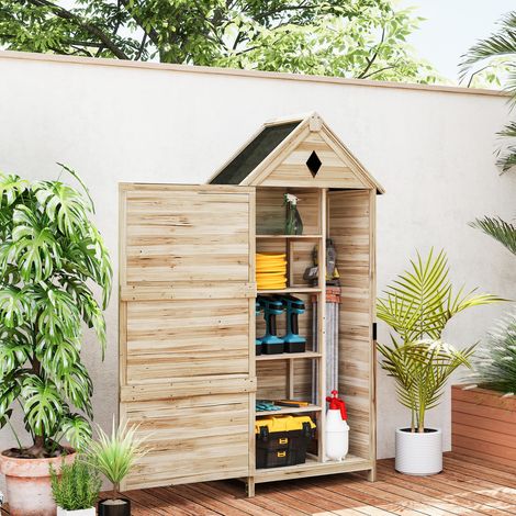 Caseta de jardín con 4 estantes, caseta de almacenamiento de madera, techo de asfalto impermeable, 80 x 49 x 170 cm, marrón claro.