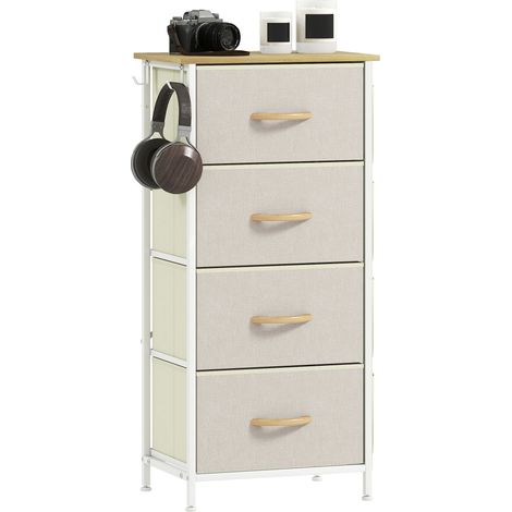 Commode 4 tiroirs en tissu, meuble de rangement avec 4 poches, 2 crochets, structure en acier, 45 x 30 x 94,5 cm, beige