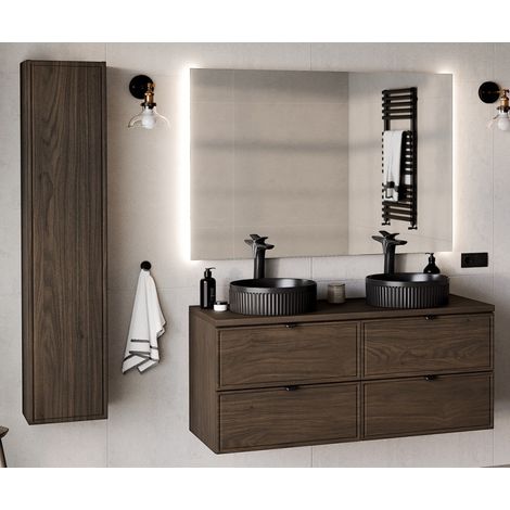 Ensemble complet Salle de Bain 120 cm + Plateau + Double Vasques Noires + Miroir + Colonne - Caldera Foncé - Livraison gratuite