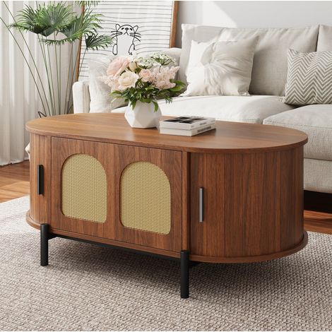 Table basse ovale 100x50x40 cm couleur noyer en MDF avec portes en rotin et rangements coulissants (1/5)