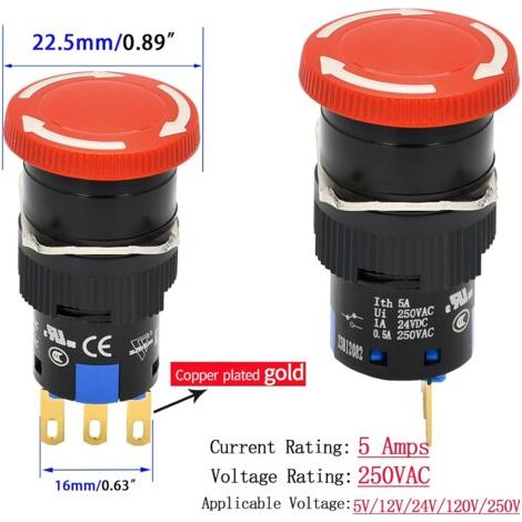 Bouton-poussoir d'arrêt d'urgence champignon rouge, 16 mm, 5 A, SPDT, à verrouillage, trou de 5/8" avec petit couvercle de protection anti-collision (1/5)