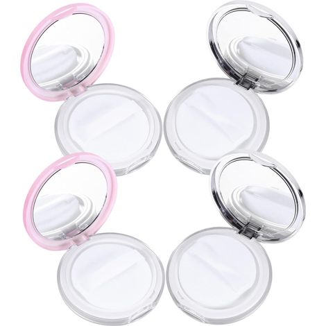 4-Piece 5g Powder Container, Refillable, Travel Size, PP, with Mirror and Powder Puff, Pink and Silver (1/5)