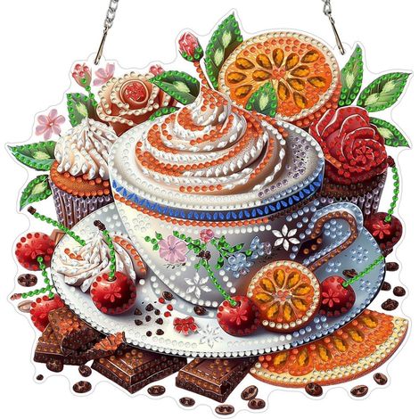 Diamant Painting Anhänger mit Kette, Früchte Kaffee Motiv, 20x20cm, Fensterbild & Wanddeko