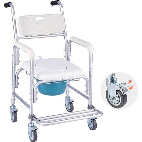 Chaise Percée avec Roulettes Charge 159 kg, Siège de Toilette Surélevé avec Dossier Rembourré et Repose-pieds Rabattable, Chaise de Nuit avec Seau Amovible de 5 L, pour Personnes Âgées (1/5)