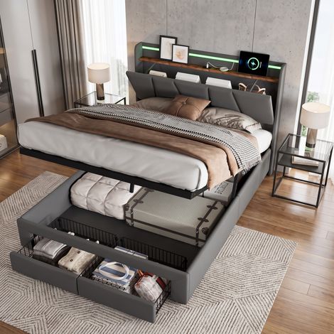 JOOKGBD‑Cama con almacenamiento 140x200cm, cabecera con estante, dos cajones en pie de cama, puertos USB‑A y Type‑C, tiras LED 7 colores, tejido lino gris oscuro, estructura estable para dormitorio (1/5)