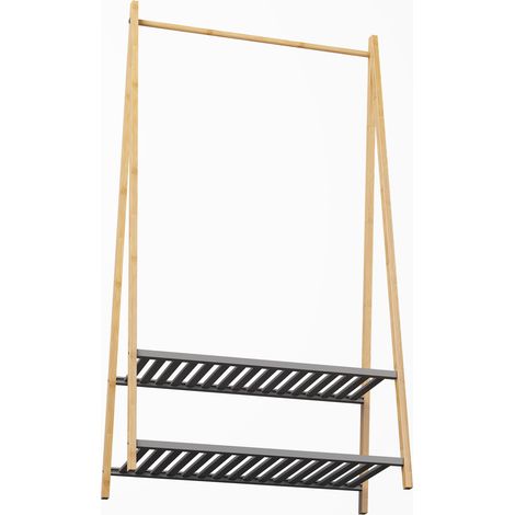 Porte-manteau en bambou avec 2 étagères et barre pour vêtements, meuble d’entrée compact pour chaussures et accessoires (1/5)