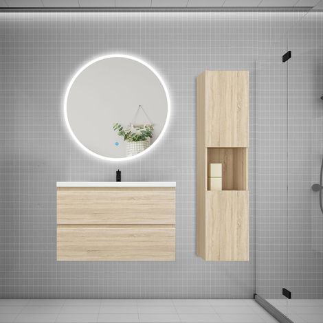 AICA Ensemble meuble vasque L.79cm 2 tiroirs + lavabo + LED miroir rond 90cm + colonne,chêne
