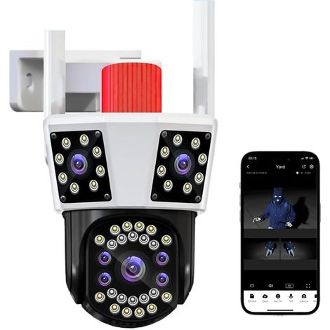 Caméra de sécurité à Domicile Caméra étanche extérieure IP HD PTZ, Zoom 8X, Trois objectifs, Trois écrans, vidéosurveillance, Protection de sécurité(12MP add 32G Card) (1/5)