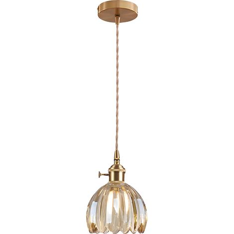 ESKED Suspension Vintage Verre E27 avec Interrupteur Rotatif, Lustre Plafonnier Abat-Jour Pétale pour Cuisine, Salle à Manger, Chambre (Ambre, 1 Pièce)