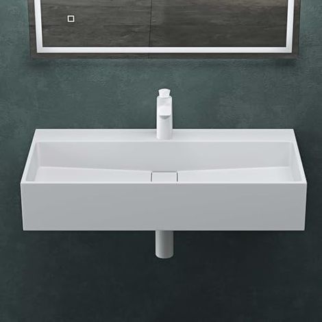 Mai & Mai Lavabo da Appoggio 80x40x14cm, Lavabo Bagno Sospeso Lavandino Bagno Colossum6028 da Marmo Fuso, un foro per la Rubinetteria, Bianco opaco