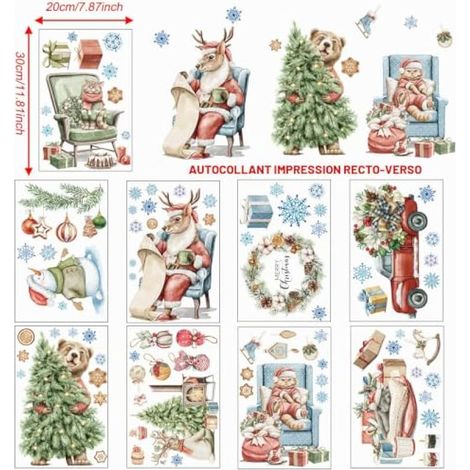 9 feuilles d'autocollants de Noël pour fenêtres, 87 autocollants animaux de Noël, décorations de Noël, autocollants réutilisables en PVC effet vitrail pour la maison, le magasin et le bureau. (1/3)