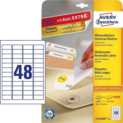 Avery L4736REV-25 etichetta autoadesiva Rettangolo con angoli arrotondati Rimovibile Bianco 1440 pz (1/4)