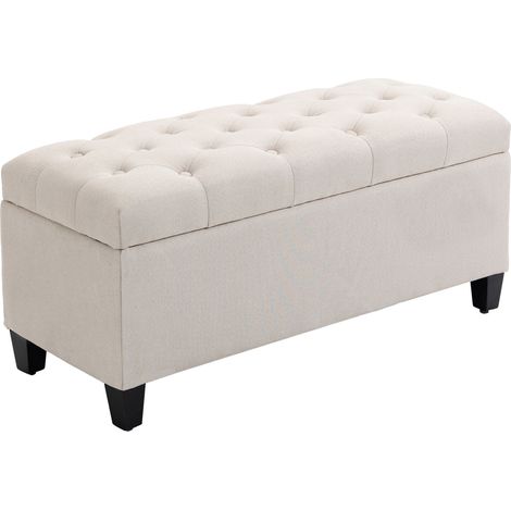 Banco tapizado con almacenaje, poliéster efecto lino, madera, blanco crema, 100 x 40 x 44 cm (1/5)