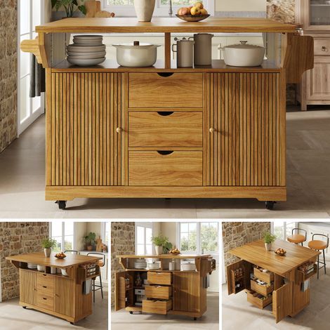 Desserte de cuisine avec rallonges de table rabattables, hauteur ergonomique de 95 cm, tiroirs, table de cuisine mobile, plan de travail, roulettes verrouillables, marron foncé (1/5)