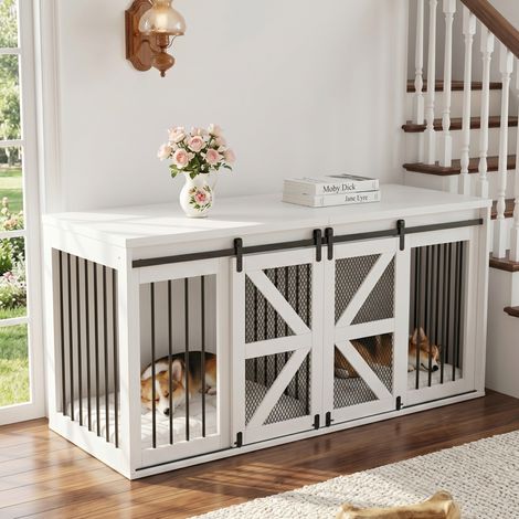 Box per cani in MDF e metallo per 2 cani, porte scorrevoli, bianco, 160 x 60 x 75 cm (1/5)