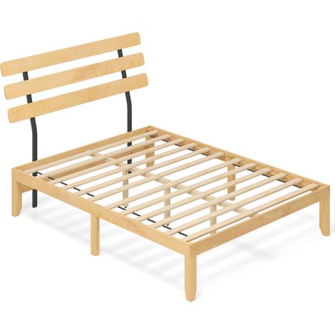 COSTWAY King Size Bed Frame Solid Wood Platform Bed w/Retro Headboard-Natural (1/5)