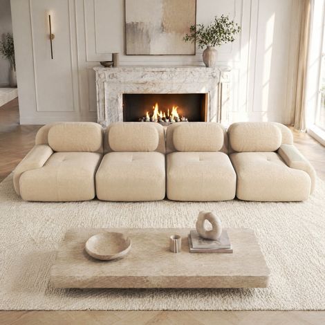 Divano modulare 4 posti in tessuto effetto corda beige, senza struttura, imbottitura 32D, OKWISH (1/5)