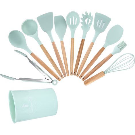 12 pièces ustensiles cuisine silicone vert clair kit antiadhésif avec boîte rangement (1/5)
