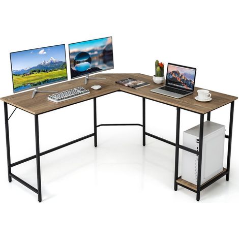Bureau d angle marron rustique en bois et métal avec plateau 138 x 138 cm et étagère à 2 niveaux pour bureau maison et télétravail (1/5)