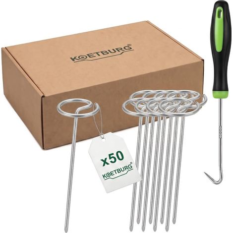 50 Piquets de Jardin en G 200mm Ø3mm, Agrafe Toile de Paillage en Acier Galvanisé Antirouille, Sardines de Fixation pour Bâche Géotextile et Gazon Artificiel avec Crochet d'Extraction
