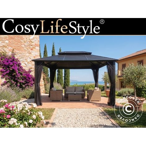 Gazebo San Bruno Steel+ w/curtains and mosquito net, 3x4 m, Black - Dancover