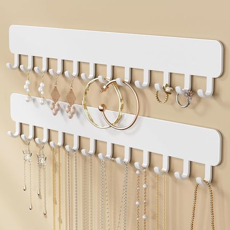 Lot de 2 organiseurs de bijoux muraux auto-adhésifs avec crochets pour colliers, bracelets, boucles d'oreilles - Solution d'exposition et de rangement pour femmes - Blanc (1/5)
