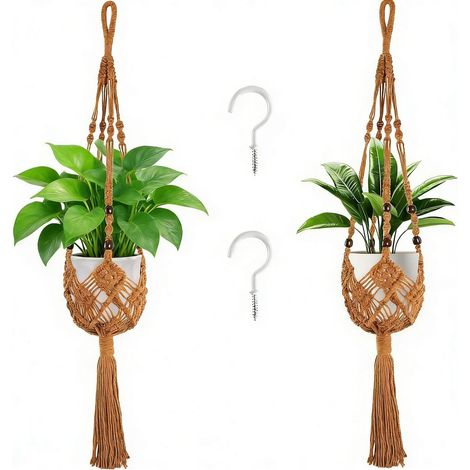 Lot de 2 suspensions de plante en macramé pour intérieur et extérieur, support de plantes fait main (marron) (1/5)