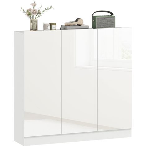 Étagère à chaussures étroite blanche brillante – meuble d’entrée pour 25 à 30 paires avec portes à fermeture douce