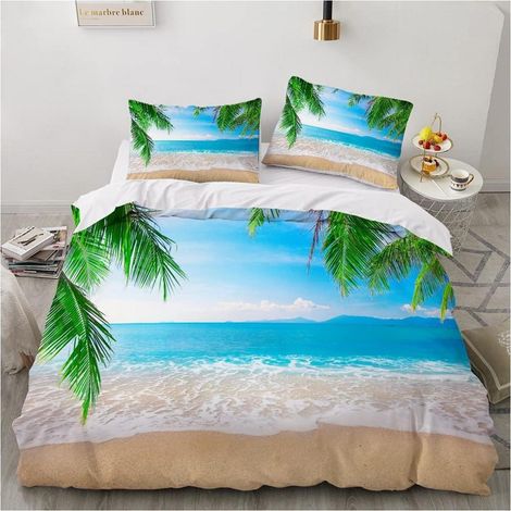 Parure de lit 3D Plage Mer 200x200 cm Microfibre Bleu Vert avec 2 taies d'oreiller 80x80 cm