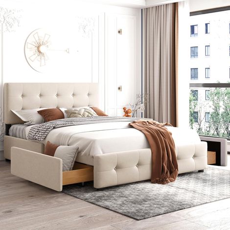 Letto matrimoniale imbottito 140x200 cm, con 4 cassetti, rete a doghe, tessuto velluto, stile scandinavo, letto per adulti - Beige (1/5)