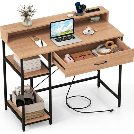 COSTWAY Computer Desk Writing Work Study Desk with Power Outlets-Natual (1/5)