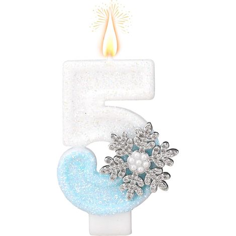 Bougie d'Anniversaire Sur Le Thème de La Neige, Bougies Chiffres Flocons de Neige Bleus Et Blancs Brillants Décorations Gâteau Style Hivernal pour Anniversaires Fêtes Célébrations (Chiffre 5) (1/5)