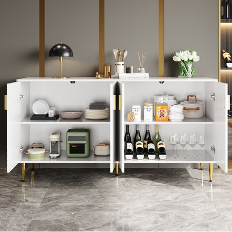 Aparador 152x40x75 cm blanco en MDF con puertas onduladas, tiradores dorados y dispositivo antivuelco (1/5)
