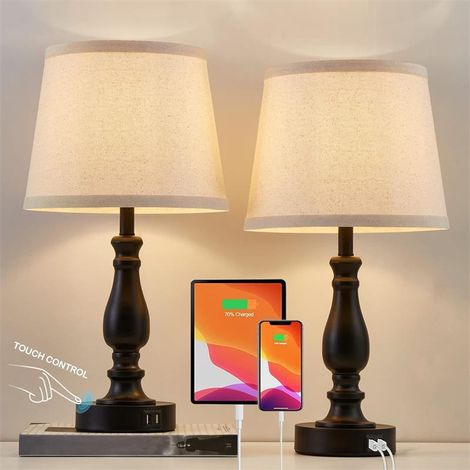 Lot de 2 lampes de chevet tactiles avec ports de charge USB-C et USB-A, abat-jour en lin, lampe de table moderne pour chambre, salon, bureau d'enfant (ampoule incluse) [Classe énergétique F] (1/5)