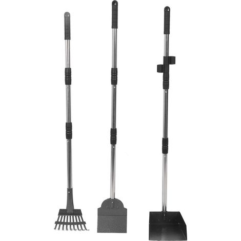 Ramasse-crottes pour chien avec manche long réglable, plateau, râteau et pelle, ensemble portable pour ramasser les déjections animales, facile d'entretien, noir (1/5)
