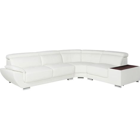 Vente-Unique – Canapé d'angle convertible en cuir de vachette – 5 places – Blanc – Angle droit – Têtières multiposition – Longueur 306 cm (1/5)
